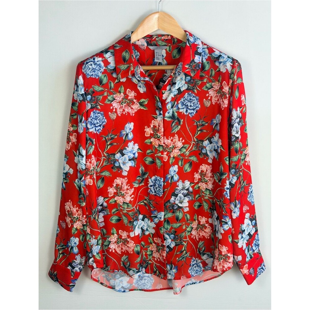 H&M Floral Button Up Blouse Size 14 Red Blue Botanical Long Sleeve